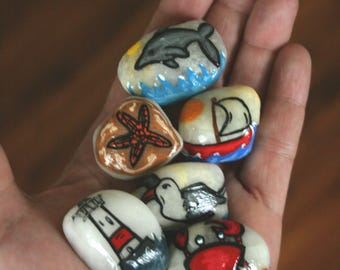 Hand Painted Beach Stones, Nautical Theme Beach Comber Pocket Stones, Small Painted Rock Art, Beach Lover Gifts, Painted Pebbles, Sailboats