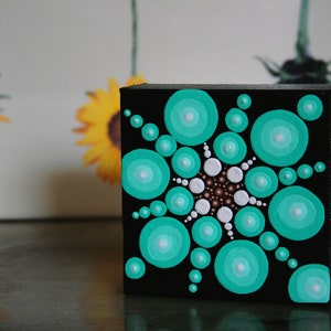 Teal and Black Mandala Decor, Canvas Wall Art 4 x 4, Dorm Room Gift for Graduate, Wall Decor Acrylic Painting, Small Painted Canvas Art
