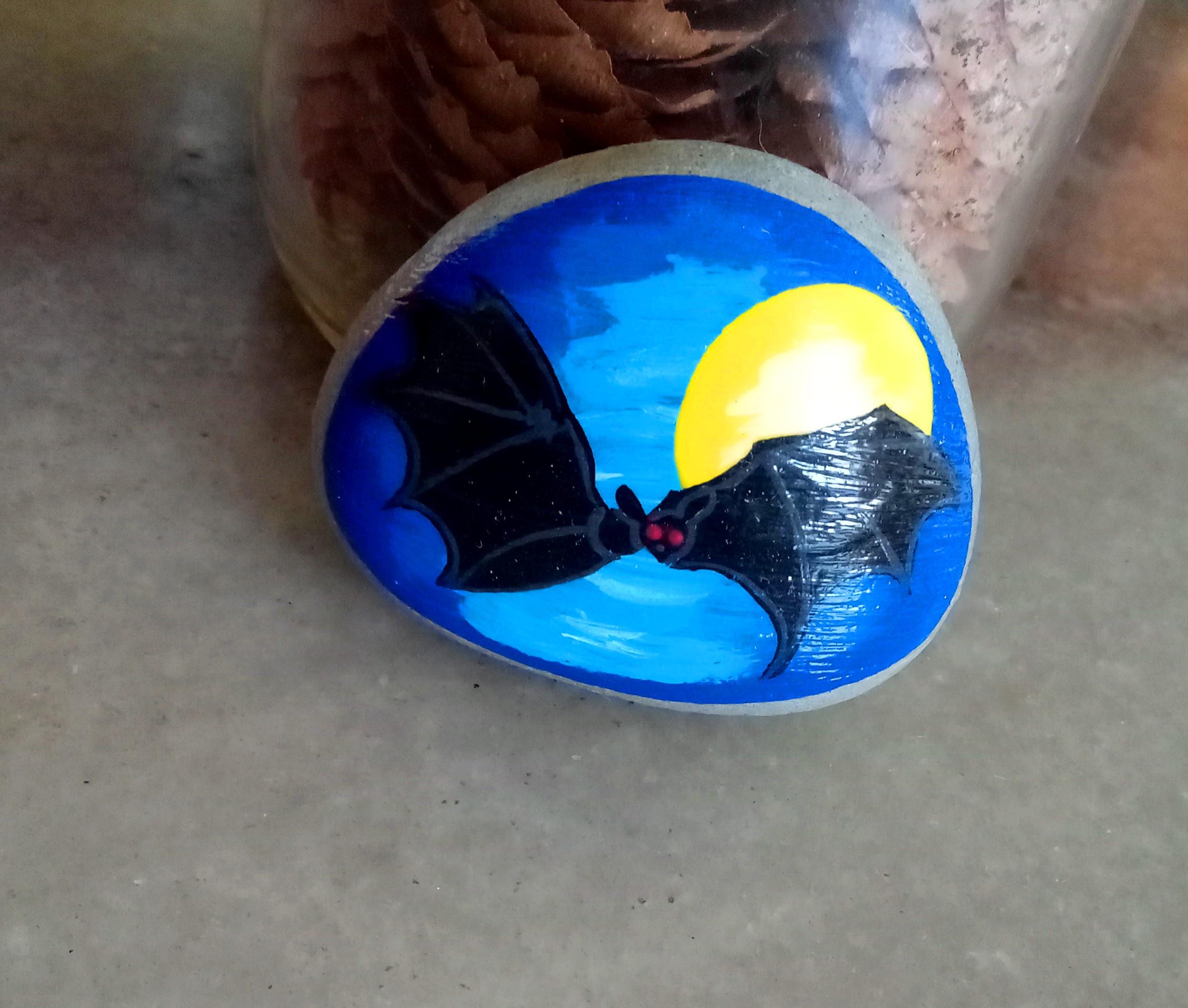 Black Bat Art, Painted Beach Rock, Spooky Halloween Bat and Moon ...