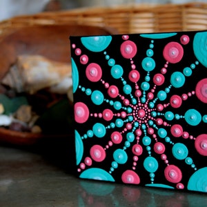 Pink Teal Mandala Decor, Wall Decor Acrylic Painting, Small Painted Canvas Art, Canvas Wall Art 4 x 4, Dorm Room Gift for Graduate