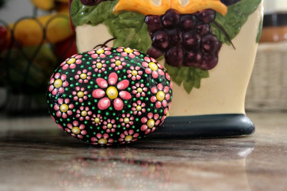 Pink Ring of Flowers Painted Rock Garden Accessory, Greenhouse Décor Dot Rock Flowers Art, Pink Yellow Floral Birthday Gift for Girls