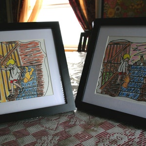 Original Winnie the Pooh by A.A. Milne, Christopher Robin on the Stairs, 9 x 9 Frame Pencil Sketches, Classic Illustrations by E.H. Shepard