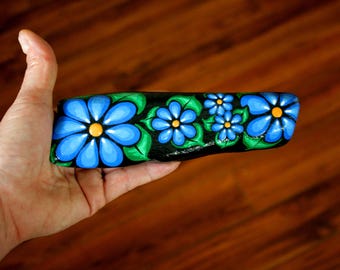 Blue Flowers Painted on Stone, Long Beach Rock Obelisk, Floral Bookshelf Accent, Colorful Desk Ornament, Blue Black Mantel Decor, Garden Art