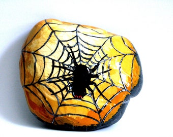 Spiderweb Art Halloween Decor, Creepy Art Spider in Web,  Painted Beach Rock, Spooky Halloween, Spider Painting Holiday Designs, Yellow Rock