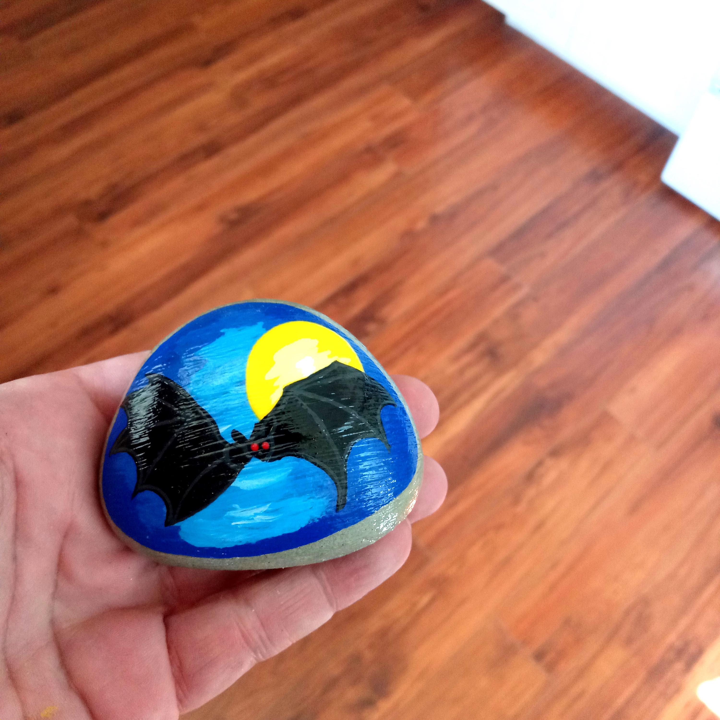 Black Bat Art, Painted Beach Rock, Spooky Halloween Bat and Moon ...