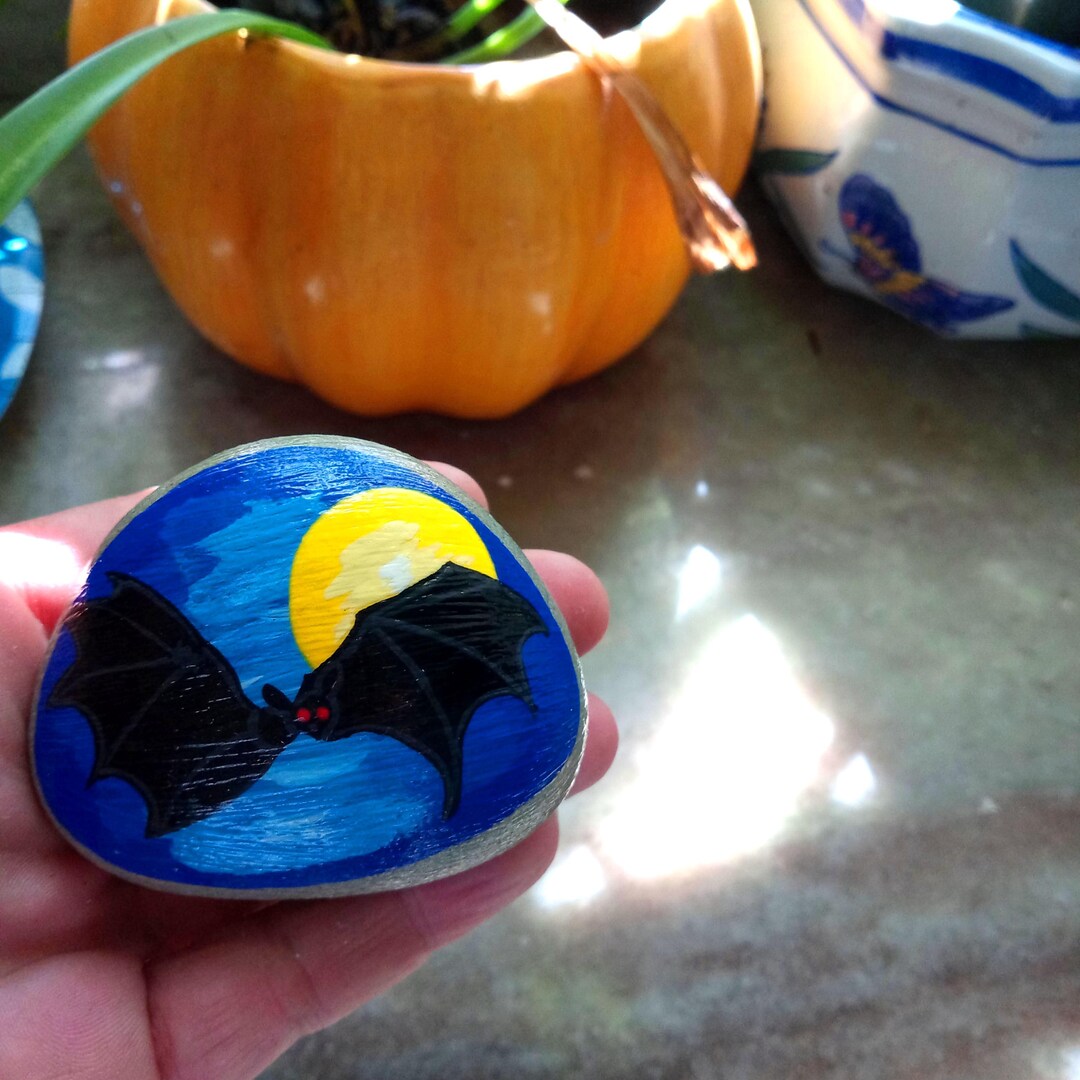 Black Bat Art, Painted Beach Rock, Spooky Halloween Bat and Moon ...