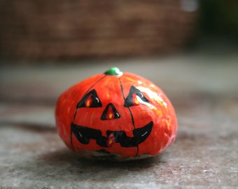 Jack-O-Lantern Orange Painted Rock, Pumpkin Painting Holiday Decor for Halloween, Thanksgiving Gift, Orange and Black Kitchen Decor