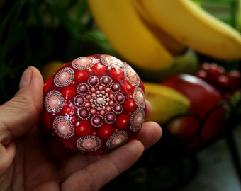 Red Faberge Egg Decorative Rock Painting, Living Room Accent Coffee Table Decor, Dot Artwork Mandala Red White Pink, Book Shelf Mantel Decor