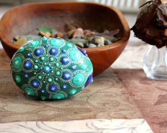 Mandala Art Tactile Worry Rock, Blue Teal Gifts for Him Anniversary, Dot Artwork Healing Stone, Bohemian Hippie Art, Mantel Decor Fireplace