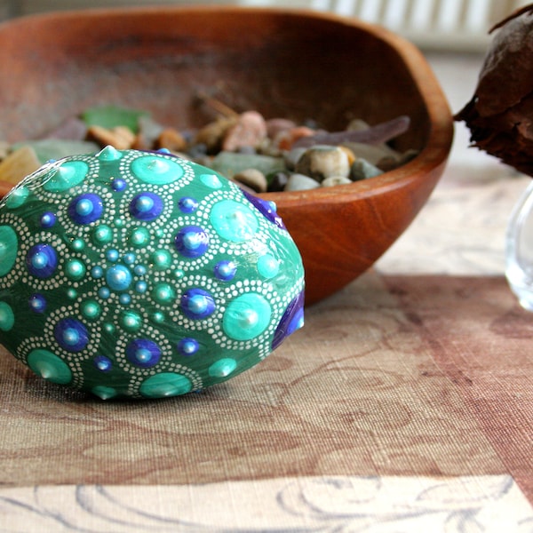 Mandala Art Tactile Worry Rock, Blue Teal Gifts for Him Anniversary, Dot Artwork Healing Stone, Bohemian Indian Art, Mantel Decor Fireplace