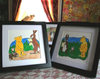 Classic Winnie the Pooh by A.A. Milne, Rabbit Reads to Piglet and Pooh, 9 x 9 Frame Pencil Sketches, Classic Illustration by E.H. Shepard