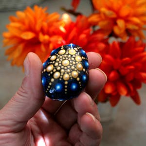 May include: A small, smooth, dark blue stone decorated with a hand-painted mandala pattern. The design features a central cluster of yellow and white dots, surrounded by concentric circles of smaller yellow dots and larger, vibrant blue dots.