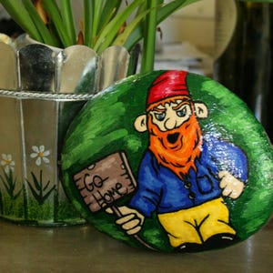 Garden Gnome Large Painted Rock, Go Home Gnome Gifts for Socially Awkward Misanthropes, Green Yellow Stone Door Stop and Outdoor Decor