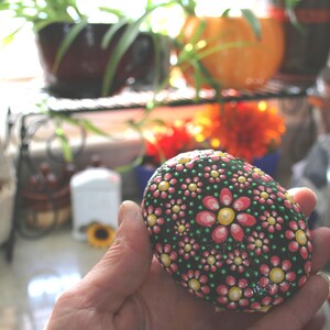 Puede incluir: Una mano sostiene una piedra pintada con fondo negro y flores rosas y amarillas. La piedra est&aacute; cubierta de peque&ntilde;os puntos y las flores tienen centros blancos.