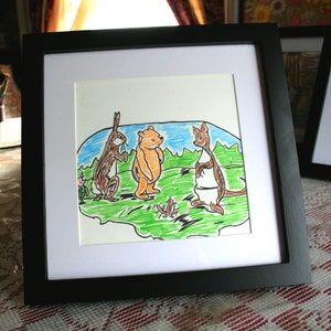 Classic Winnie the Pooh by A.A. Milne, Rabbit Pooh Piglet and Kanga, 9 x 9 Frame Pencil Sketches, Classic Illustration by E.H. Shepard