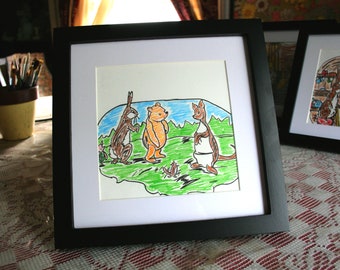 Classic Winnie the Pooh by A.A. Milne, Rabbit Pooh Piglet and Kanga, 9 x 9 Frame Pencil Sketches, Classic Illustration by E.H. Shepard