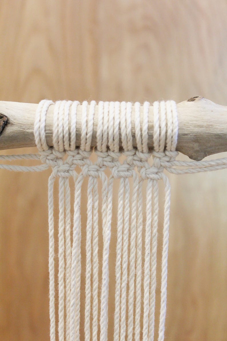 May include: A close-up of a white macrame knot tied around a branch. The knot is made with multiple strands of white cord, creating a fringe effect.