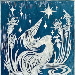 Original Woodblock Print, "Far away in the wild marsh", Heron and Star