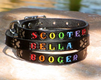 BLACK 3/4 inch, 19mm wide Handmade Real Leather Dog Collar Persanalized K9 Pet Name, FREE Optional Phone Number & FREE Shipping in U.S.