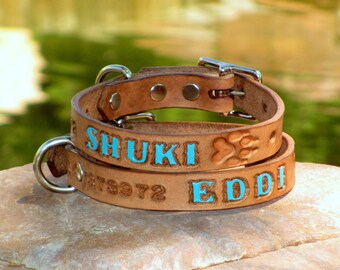 BROWN 3/4 inch, 19mm wide Leather Dog Collar with Paw Prints, FREE Optional Phone Number & FREE Shipping in U.S. Personalized Pet Name