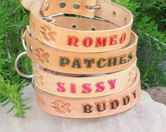 Tan 1 inch, 25mm Solid Leather Dog Collar Personalized Pet Name, FREE Optional Phone & FREE Shipping in U.S.