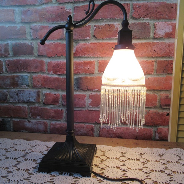 Boudoir Lamp, Glass Shade With Beaded Fringe, Solid Metal Base