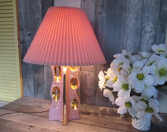 Pink And Gold Ceramic Table Lamp | VINTAGE Ceramic Table Lamp | Lamp And Shade Mid Century Home Decor