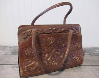 MONT ABUR Leather Tooled Purse,, VINTAGE Handbag,, Brown Leather Mexico Hand Tooled Bag