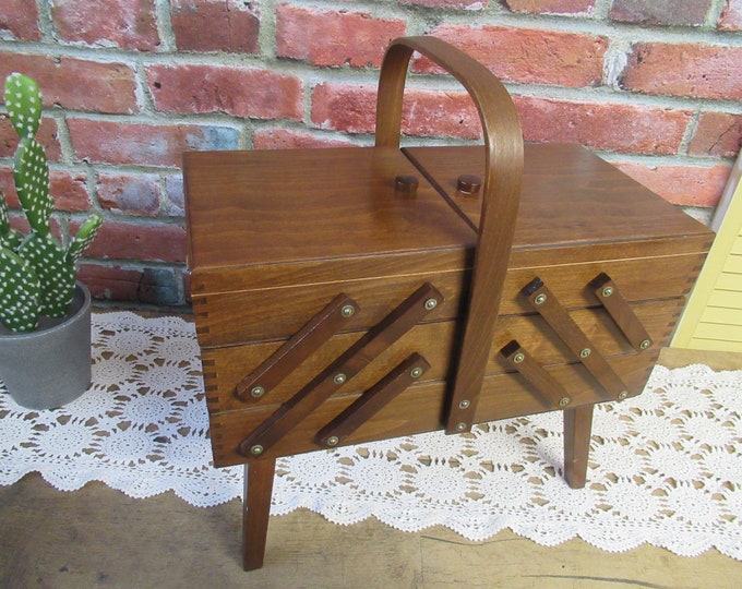 Sewing Box,,made in Romania Large Wooden Sewing Box on Legs,, VINTAGE Art Deco Sewing Basket