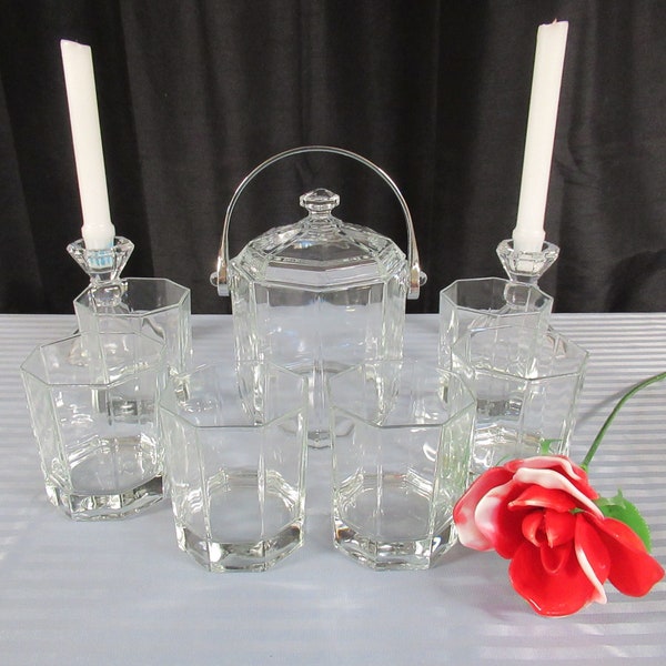 French Luminarc Octogon Ice Bucket And Glasses / VINTAGE Clear Glass Set / VINTAGE Retro Barware