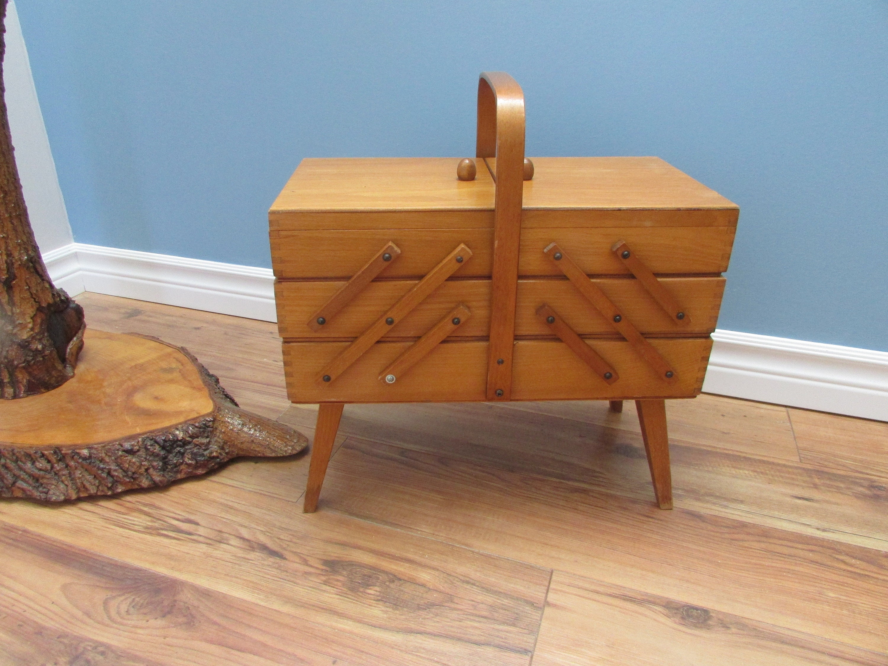 Sewing chest, Antique Wooden Sewing Box on legs. Storage box for