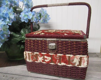 Japan Wicker Vintage Taupe w/Tray & Notions Satin Lining Rattan Sewing Basket Nice Gold White Mid Century