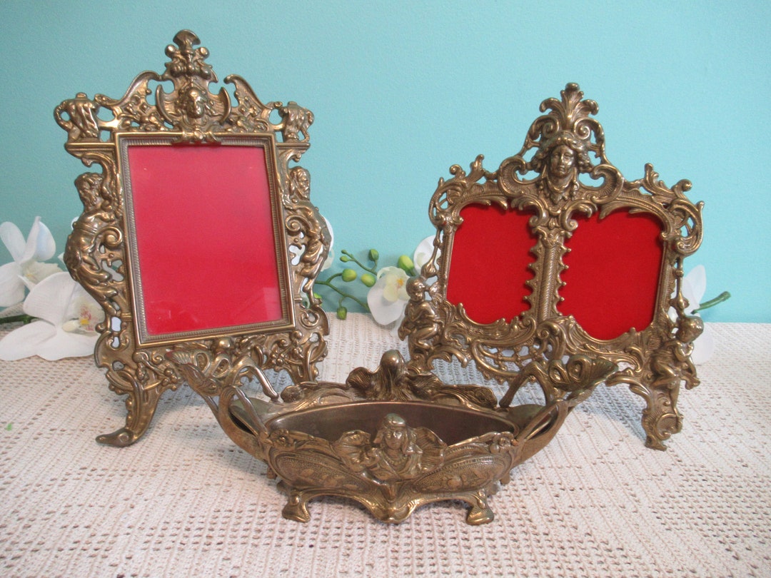 Brass Photo Frame, Art Deco Brass Picture Photo, Double Photo Frame