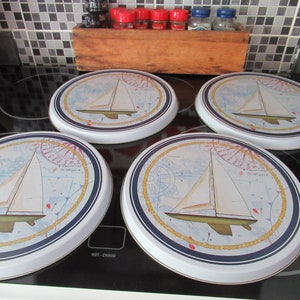 Sailing Boat Design Burner Cover,, VINTAGE Metal Tin Burner Cover Set Of 4,, VTG Stove Top Cover