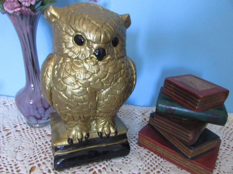 VINTAGE Gold Owl Bookend VTG Chalkware Large Statue Heavy Etsy