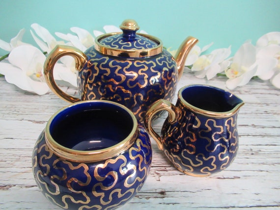 Burslem Sudlow Teapot Set,, Whimsical Gilded Gold and Marine Blue