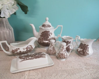 ROMANTIC ENGLAND Tea Service,, White And Brown Teapot,Sugar Creamer, Salt & Pepper, Butter Dish, Gravy Boat, Sold Individually