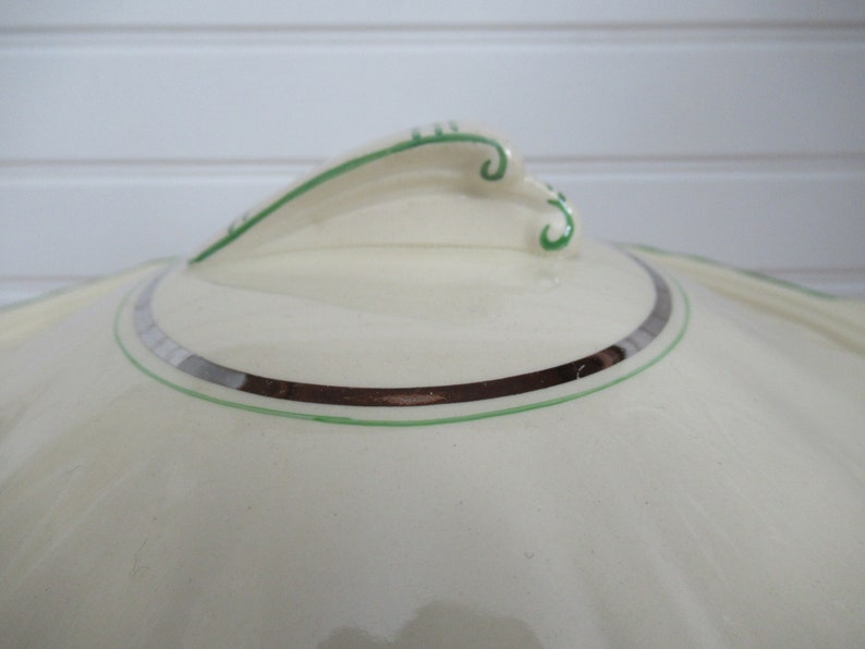 JACOBEAN Tureen, Vegetable Bowl Fruit Salad Bowl, 1900s Antique Dishes VINTAGE Cream And Green Trim Covered Bowl,