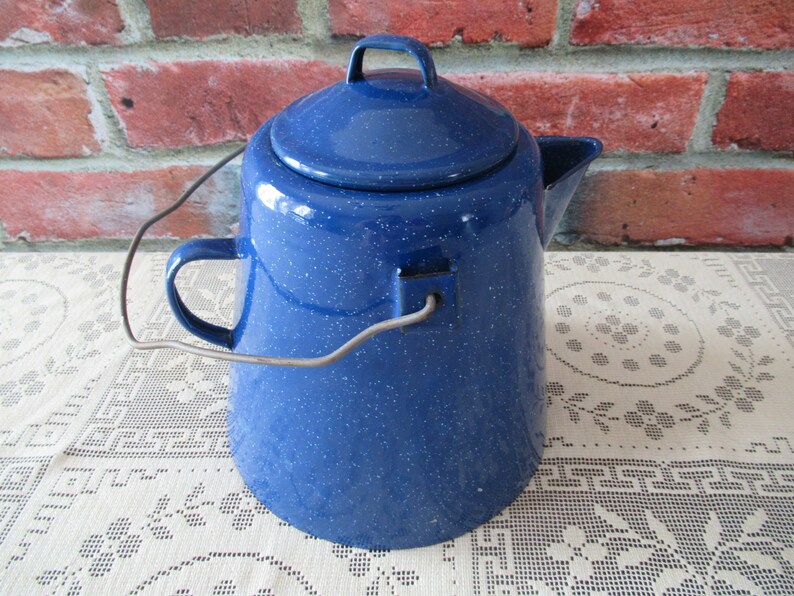 VINTAGE Blue Enamel Coffee Pot, Camping Rustic Kitchen ENAMELWARE