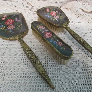 Handmirror Brush Set | Vanity Set | VINTAGE Gift For Her,, Roses Cover Mirror And Brush