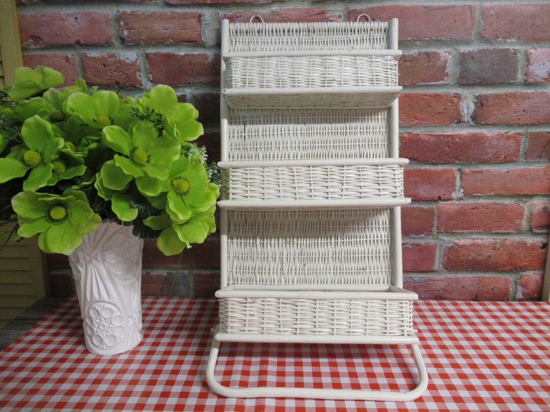 White Wicker Shelves VINTAGE 3 Tiers Wall Shelf With Towel Holder Bathroom Decor Bamboo and