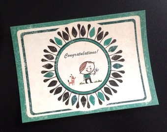 Congratulations! Card - Retro style postcard with a boy, flower and little dog