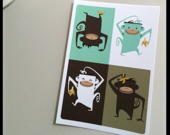 Monkey card, Colourfull and happy image of four monkeys holding bananas