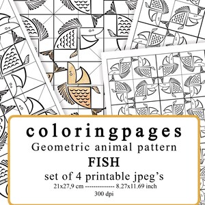 May include: Set of four printable coloring pages featuring a geometric fish pattern. Each page is 8.27 inches by 11.69 inches and 300 dpi.