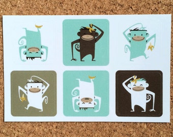 Monkey stickers, 1 sheet with 6 different happy monkeystickers