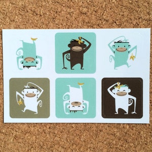 Monkey stickers, 1 sheet with 6 different happy monkeystickers image 1