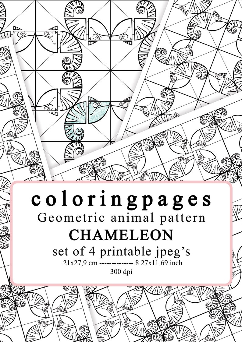 4 Coloringpages Chameleon geometric pattern image 1
