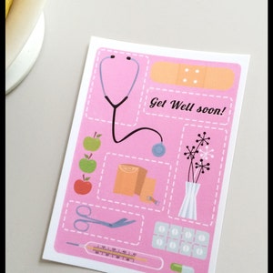 Obtenez une meilleure carte, bon œil bientôt! Carte de rose dans le modèle rétro avec des pommes, des fleurs, des pillules, des ciseaux, le plâtre, le thermomètre et le stéthoscope