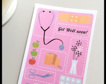 Get well soon! Card - Pink postcard with a retro style illustration, bandage, scissor, pills, thermometer and stethoscope