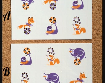 Circus stickers, 1 sheet with 6 different stickers - Elephant, Fox, Seal, Squirrel